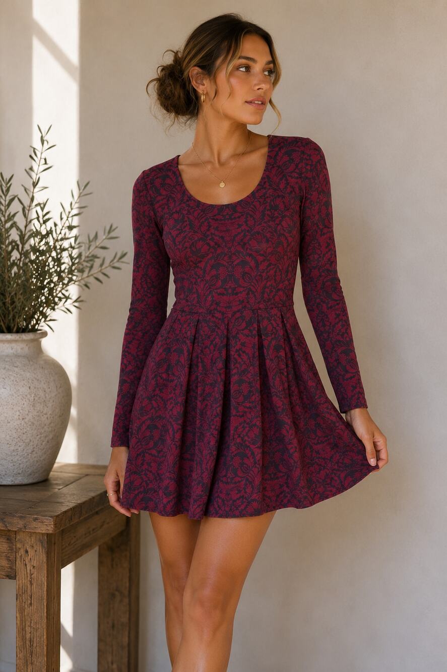 Talula Aritzia Burgundy Paisley Mini Dress Womens XS Casual Long Sleeve Preppy